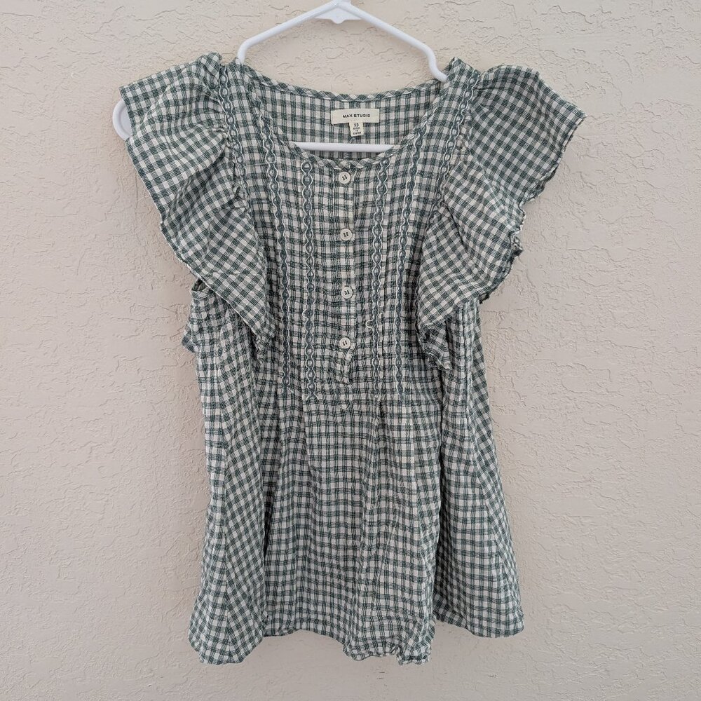 Max Studio Green Ruffled Gingham Peasant Style Blouse Buttons Size XS
